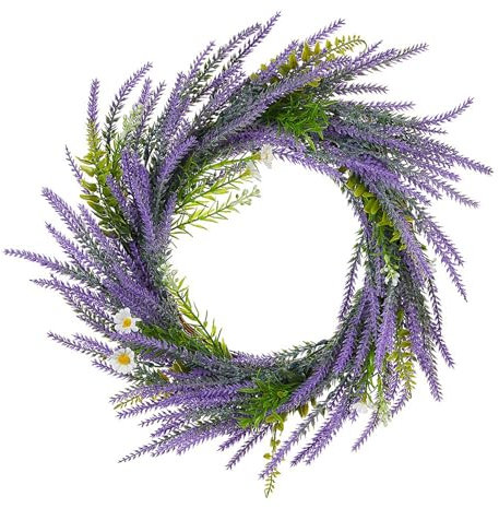 ZHDOKA 15 Zoll Lila Lavendel-Blumenkranz, Lavendel-Kranz für die Haustür mit Grünen Blättern und Weißen Blumen, Künstlicher Lavendel-Blumenkranz für Alle Jahreszeiten,