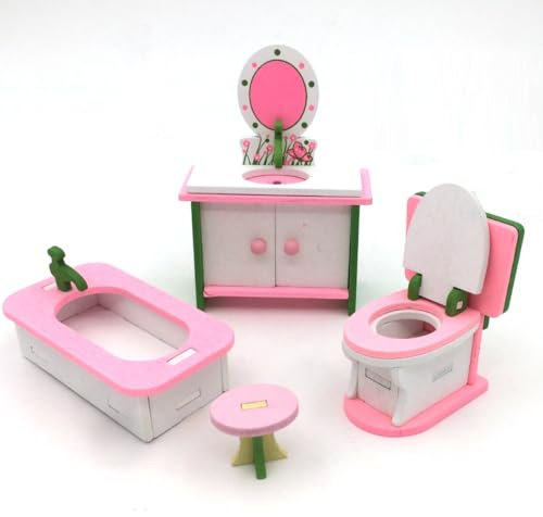 KARLOR 4 Stück Puppenhaus Möbel Set Badezimmer Holz Miniatur Möbel Set Badewanne Toilette Waschbecken Stuhl, Puppenhaus Zubehör Deko 1:12 Puppenhaus Deko Dollhouse Puppenmöbel (Badezimmer)