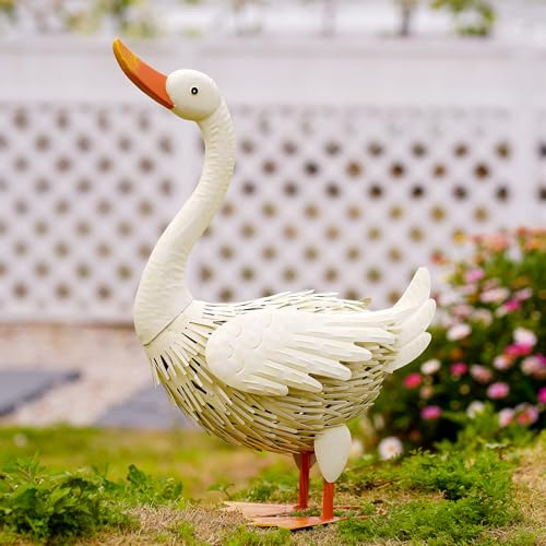 Goodeco Gartenfigur Schwan aus Metall, handgefertigt, Schmiedeeisen, cremeweiß, für Außendekoration, Terrasse, Rasen, Teich, Dekoration