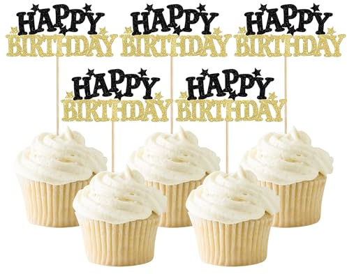 24 Stück Happy Birthday Cupcake Toppers Glitzer Feiern Sie Geburtstag Tortendeko Alles Gute zum Geburtstag Kuchen Deko für Baby Dusche Kinder Party Kuchen Dekorationen Schwarz Gold