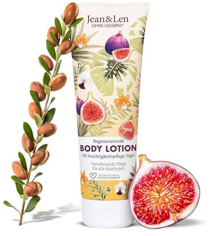 Jean & Len lozione corpo di Argan e Fico, per tutti i tipi di pelle, texture leggera, si assorbe rapidamente, coccolante profumo orientale di fico, senza parabeni e siliconi, vegana, 250 ml