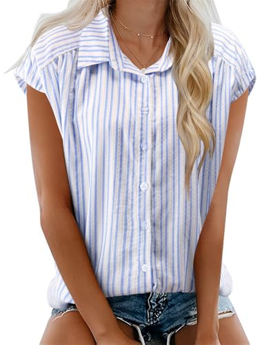 EFFAN Womens Blouse 100% Cotton Shirts V Neck Cap Sleeve Button Down Tops | Summer 2026 Ladies Loose Fit Work Blouse Casual Plaid T Shirts Striped Blouses