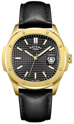 Rotary Men's Apex 100 Black Dial Gold Tone Case Black Leather Strap Watch