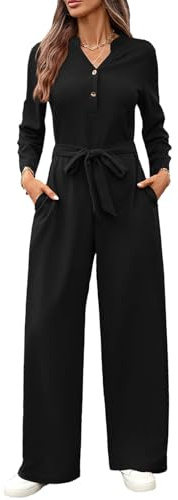 Momuk Long Sleeve Jumpsuit for Women Button V Neck Wide Leg Elegant Playsuit One Piece Romper with Pockets Fall Outfit Clothes (Black S)