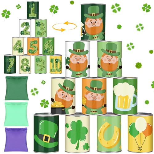 ShinyRelief Bean Bag Toss Game Carnival Party Game Toss St. Patrick's Day Throwing Can Games with 10 Cans 3 Sandbags for St. Patrick's Day Party Family Activities Kids Adults