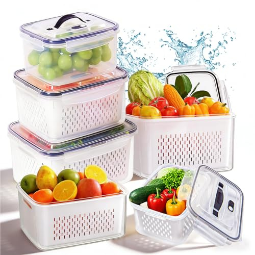 6er Set obst aufbewahrung kühlschrank frischhaltedosen mit Deckel | Stapelbare Kühlschrank Aufbewahrungsboxen, Stapelbare food container mit Griff, Hält Obst, Gemüse & Salat länger frisch
