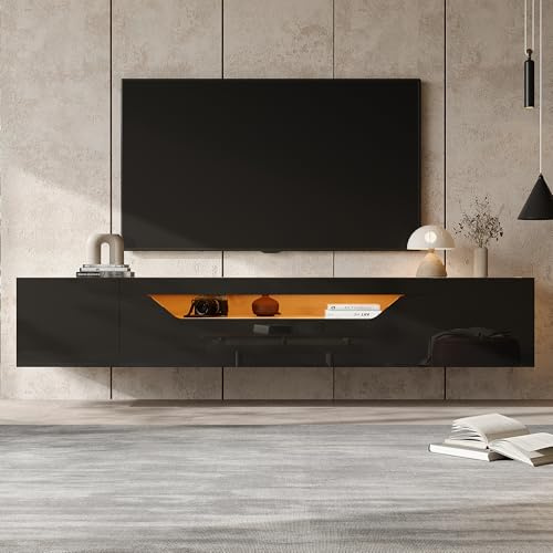 BTM Floating High Gloss TV Stand Cabinet with LED Lights, Pull-Down Door Wall Mounted Unit, 2-Door Entertainment Center for Living Room Bedroom, Fits 75 TVs, Black