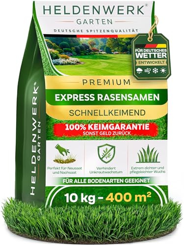 HELDENWERK® Rasensamen schnellkeimend Sommer 10kg / 400m² DEUTSCHES WETTER | Für deutsches Wetter entwickelt, Nach- & Neusaat, Robuster Sport- & Spielrasen, Made in Germany, KEIMGARANTIE, Unkrautfrei