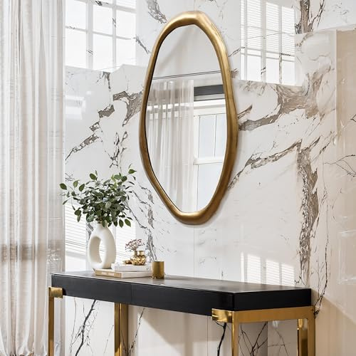 Hometopia Spiegel Asymmetrisch Gold 75x40 cm Dekorative Wandspiegel | Modern HD Spiegelglas Badspiegel mit Metallrahmen, Unregelmäßiger Spiegel für Flur Bad Badezimmer Schlafzimmer Wohnzimmer