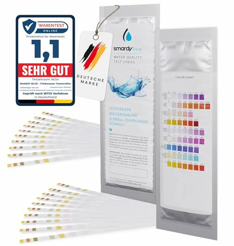 smardy 20x Wasser Teststreifen 9in1 Trinkwassertest | freies Chlor, pH, Alkalinität, Nitrat, Nitrit, Wasserhärte Test | Wasserteststreifen für Trinkwasser, Aquarium, Pool | Wasserqualität Wassertest