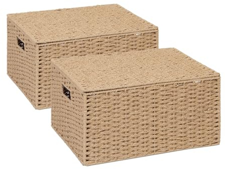 ARPAN 2 x Paper Rope Storage Hamper Basket With Lid - Ideal For Home/Office & Gifts Hamper (Natural - Extra Large)