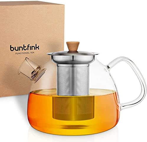 Buntfink „TeaPot“ Teekanne Glas mit Siebeinsatz für 1.500 ml I Glasteekanne mit Siebeinsatz aus Borosilikatglas I Teekanne mit Siebeinsatz und herausnehmbarer Filter Edelstahlsieb