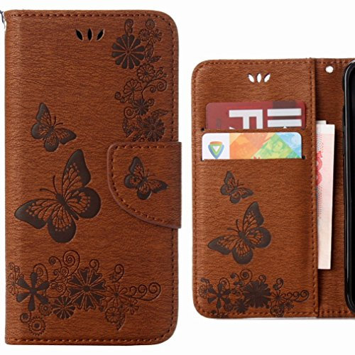 Ougger Handyhülle für Huawei Y6 (2018) Leder Schutzhülle Schale Weich TPU Silikon Magnetisch-Stehen Flip Cover Tasche Huawei Y6 (2018) mit Kartensteckplätzen, Schmetterling Streifen (Braun)