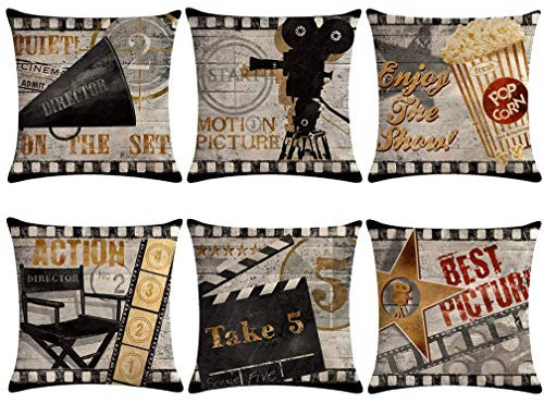 Kissenbezug, Motiv: Filmkino, Vintage-Kinoposter, mit Popcorn, Filmstreifen, Schieferbrettmuster, alte Mode-Symbole, Heimdekoration, 45,7 x 45,7 cm, 6 Stück
