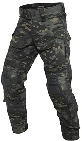 YEVHEV Taktisch Hosen Herren G3 US-Militär Camouflage Ripstop mit Knieschoner für Outdoor-Aktivitäten (Ohne Gürtel) Schwarz Camo, L