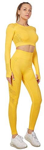 Jamron Damen Stretch Yoga Kleidung Set Crop Top+Leggings 2PCS Trainingsanzug Gym Fitness Activewear SN05405 Gelb L