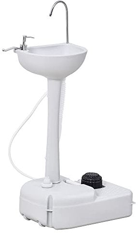 Outsunny Évier à Main Portable Station de Lavage Camping Jardin Extérieur Voyager avec Porte-Serviette Réservoir d'eau 17L Pompe à Pied 51 x 33,5 x 103 cm Gris
