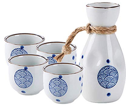 Sizikato Lot de 5 sakés en porcelaine bleue et blanche comprenant 1 bouteille à saké et 4 tasses à saké