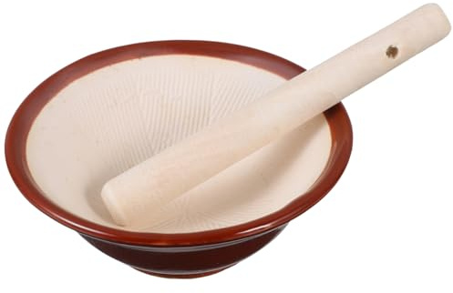 HEMOTON Ciotola Per Macinazione Tradizionale in Ceramica 4.13 Pollici Con Pestello in Legno Utensile Da Cucina Per Aglio Spezie E Condimenti