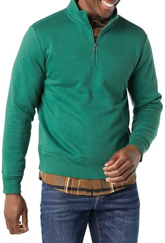 Amazon Essentials Felpa in Pile A Maniche Lunghe con Zip Corta Uomo, Verde, L