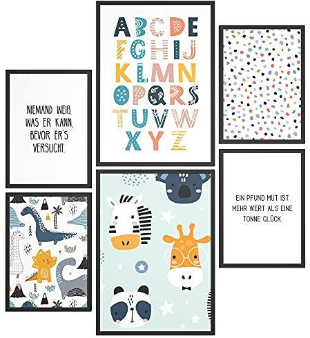 Papierschmiede® Bilder Kinderzimmer Kids Mood Poster Set ABC Dino Safari, Gerahmte Bilder fürs Kinderzimmer in schwarzen Holzrahmen, 2x DIN A3 und 4x DIN A4, Alphabet Tiere Lesen