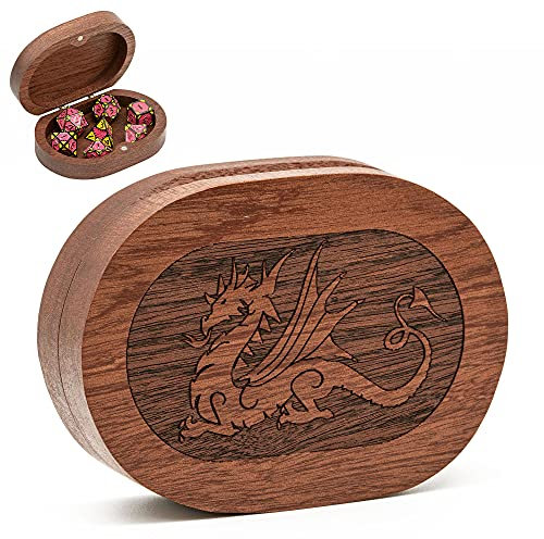 UDIXI Würfelbox aus Holz, Sapeli-Würfeletui mit magnetischem Deckel zur Aufbewahrung, 7-teilig, polygonale DND-Würfel, einfach zu tragen, DND-Geschenk (oval, Drachenmuster)
