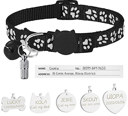 Uiopa Katzenhalsband mit Sicherheitsverschluss + Hundemarke mit Gravur + Adressanhänger, Hundehalsband mit Name & Glöckchen, Verstellbar Halsband für Katze und Hund (Schwarz)