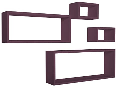 MODULARREDO | MERLINO Set 4 Mensole da Muro, Pensile Bagno, Scaffale Parete, 75x30 e 60x25 p15.5 cm, 2 da 25x15 cm, Viola Melanzana - Made in Italy