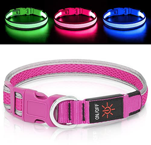 Bpawser Hundehalsband Leuchtend USB Aufladbar, LED-Hunde Leuchthalsband für mittelgroße große Hunde, Sicherheit beim Laufen in der Nacht,Rosa M