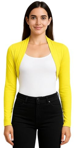 STAR FASHION Womens Long Sleeve Bolero Shrug Ladies Mini Blouse Open Front Cropped Top Lightweight Summer Cardigans Jacket Yellow 16-18