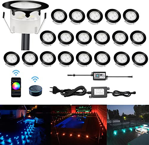 LED Bodeneinbaustrahler RGB 20er Set, Ø45mm WiFi Terrasse Einbauleuchten Kompatibel mit Amazon Alexa, Google Home, IP67 Wasserdicht App Steuerbar Außen Boden Licht für Küche Garten Treppen, Schwarz