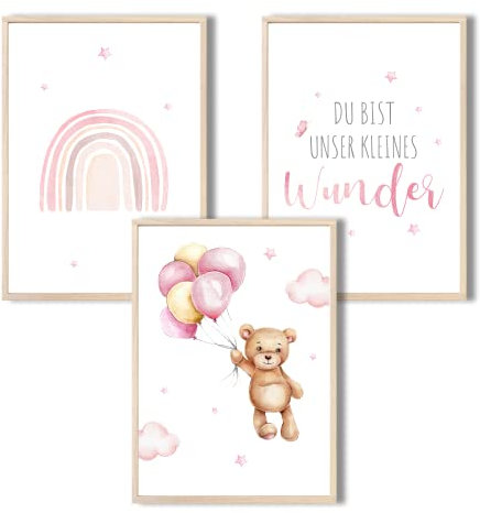 MeinBaby123® Bilder Kinderzimmer | 3er Set DIN A4 Poster Set | Wandbilder mit Spruch | Regenbogen | Deko Kinderzimmer Mädchen Junge | Babyzimmer Deko (Bär & Regenbogen rosa)
