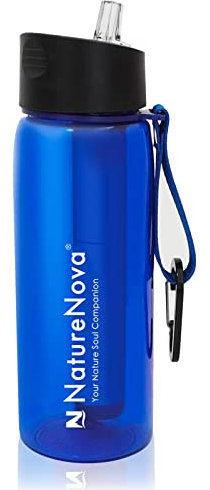 Naturenova Water Filter Bottle with 4-Stage Integrated Filter Straw BPA Free for Camping, Hiking, Backpacking, Emergency and Travel, Blue 650ml