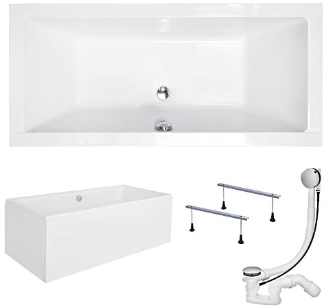 KOLMAN Badewanne QUADRO Rechteck 180x80 mit AcrylSchürze, Ablaufgarnitur und Füßen Komplettset 4in1 Premium Original Acryl Wanne Siphon