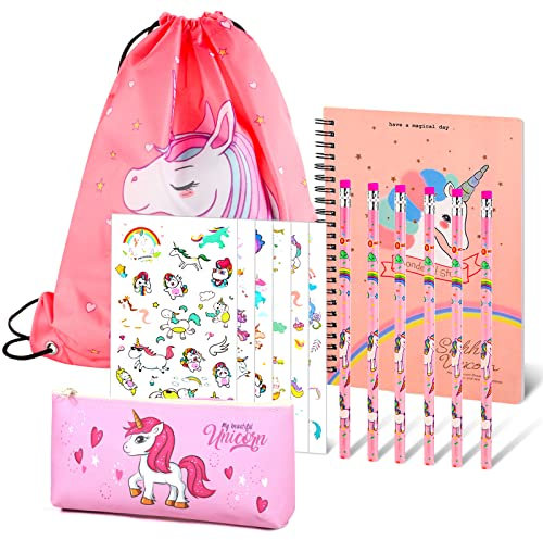 Yoosso Unicorn Stationery Gift Set for Ages 5-10 - Birthday Back to School Set With Drawstring Bag, Pencil Case, Pens and Sticker, Pink