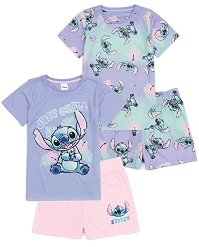 Disney Lilo and Stitch Girls 2 Pack Pijamas | Kids Pink Purple Just Chill Animated Alien T-Shirts Shorts Set | Mercancía de Ropa de Dormir Movie