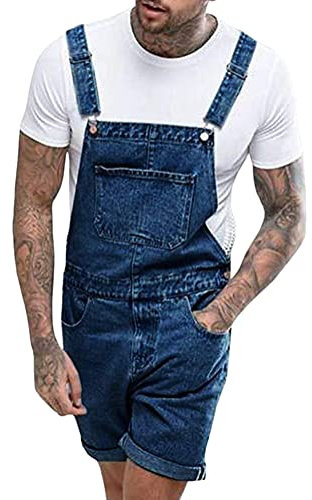 Oanviso Herren Denim Strap Kurze Jumpsuit Lässiges Arbeitshose Jumpsuit Vintage Bibs Jumpsuit Stilvoll Latzhose Overalls mit Taschen Sommer Zerrissene Loch Kurze Jean Jumpsuit B Dunkelblau L
