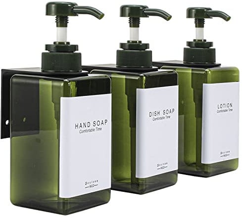 GOYISEE Plastic Refillable Hand Soap Dispenser Modern Square Pump Bottle for Bathroom Vanities or Kitchen Sink, Countertops - 3 Packs with Waterproof Label (3B3W-Green)