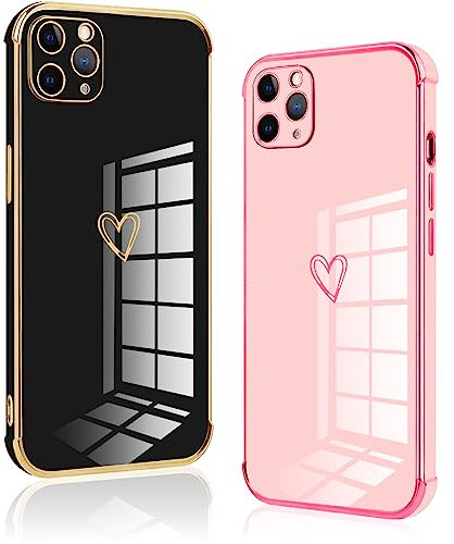 Vauki 2 Pezzi Cover per iPhone 11 Pro Max, Custodia con Motivo Cuore, Antiurto Ultra Silicone TPU Morbida Case con Protezione Della Fotocamera per iPhone 11 Pro Max, Nero e Rosa
