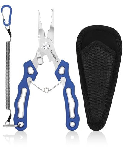 supregear Fishing Pliers, Stainless Steel Multipurpose Split Ring Pliers Wire Cutting Tool with Safety Lanyard and Nylon Sheath, Blue