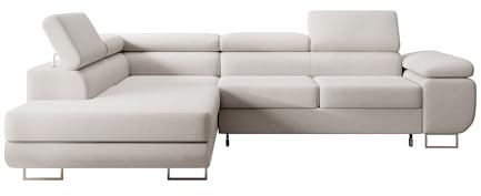 Selsey STEVIL - Ecksofa L-Sofa mit Schlaffunktion, Bettkasten, Ottomane links, Veloursbezug Creme