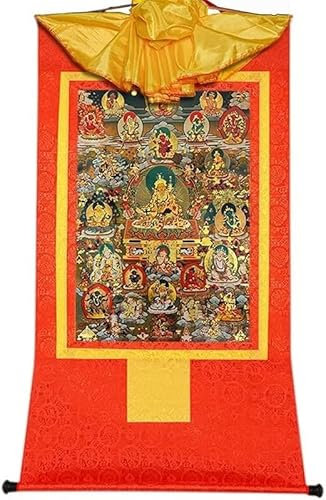 Tibetische Tangka, Rollen von Tangka, Guru-Heiliger Padmasambhava und 23 Jambhalas, Götter des Reichtums, tibetische Thangka-Malerei, buddhistischer Thangka-Brokat (Farbe: Rot, Größe: Lar (Farbe). ( C