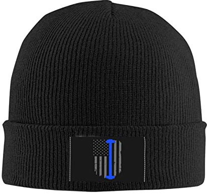 874 Klassische Beanie Mütze Polizei-Langhantel-Flagge Mit Dünner Blauer Linie Kopfbedeckung Stretchy Slouch Beanie Mütze Bequem Beanie Mütze Für Herren Frauen Männer 30X18 cm