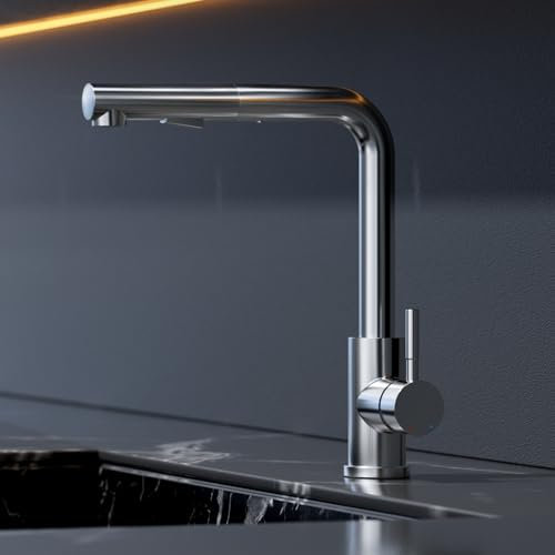 Heilmetz® Wasserhahn Küche, Hochdruck Küchenarmatur Ausziehbar mit Herausziehbarer Brause 2 Sprühfunktionen, Mischbatterie Küche 360° Schwenkbar Edelstahl Spültischarmatur Wasserhahn, Rechteckig