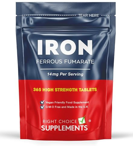 Iron Tablets High Strength 14mg - 365 Tablets, 12 Months Supply - Vegan Iron Supplements for Women and Men - Ferrous Fumarate Energy Tablets, Reduces Tiredness and Fatigue - UK Made Iron Vitamin