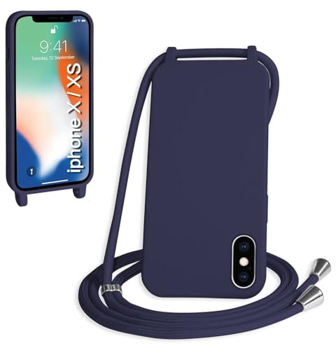 SLWYF Compatible with iPhone X/iPhone XS Crossbody Lanyard Case, Liquid Silicone Protective Phone Case with Strap Adjustable Neck Cord Necklace Soft Cover for iPhone X/iPhone XS, Navy blue