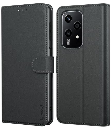 Leacckl for Honor 200 Lite Case, Leather Wallet Case for Honor 200 Lite, Flip Phone Case with TPU Shockproof Shell and Card Holder, Black