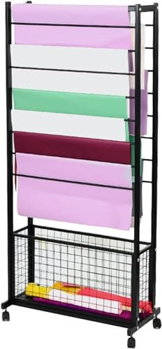MNOIINM Band-Aufbewahrungsregal, großer Metall-Geschenkpapier-Organizer-Wagen/doppelseitiger Vinylrollen-Drahtspulenspender mit Rädern, Bastelraum-Bodenständer (Farbe: keine obere Ablage)