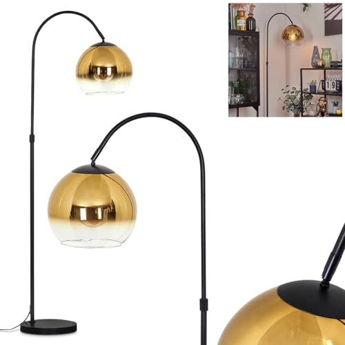 Stehleuchte Koyoto, Stehlampe aus Metall/Glas in Schwarz/Gold/Klar, Leuchte im Retro/Vintage/Industrial-Design mit Schirm aus Glas (Ø 25 cm) u. Fußschalter, Höhe 141 cm, 1 x E27, ohne Leuchtmittel