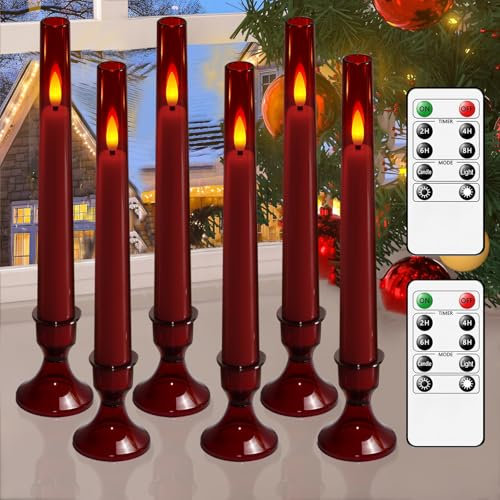 Lezonic Flameless Windows Candles Battery Operated with Timer Remote, 6Pcs Red Acrylic Flameless Candlesticks with Holders, LED Taper Candles Flickering for Halloween Christmas, 0.8 x 8 inches